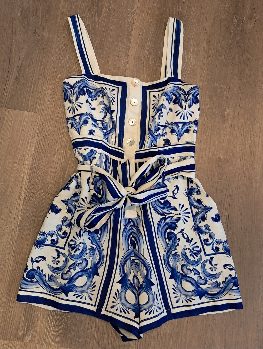 NWT XXS FARM Rio Blue and White Printed Tie-Waist Romper